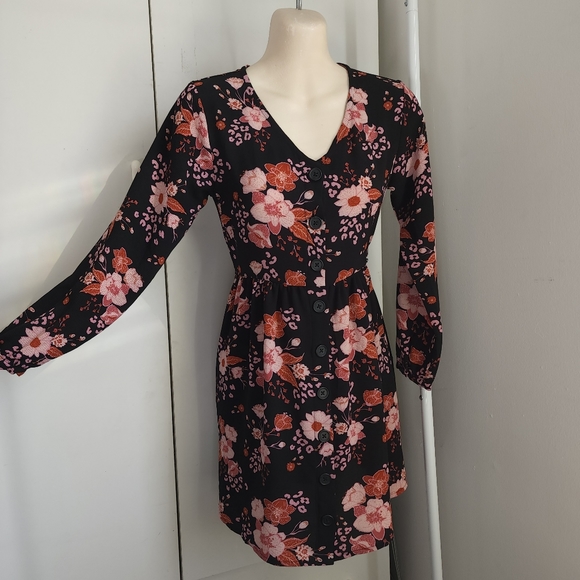 Aus 10 K-D Floral Red Black Long Sleeve V Neck Dress - Picture 8 of 16